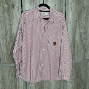 Vintage Hugo BOSS Shirt Size 42 /16-1/2 Button Down Logo Striped Red White